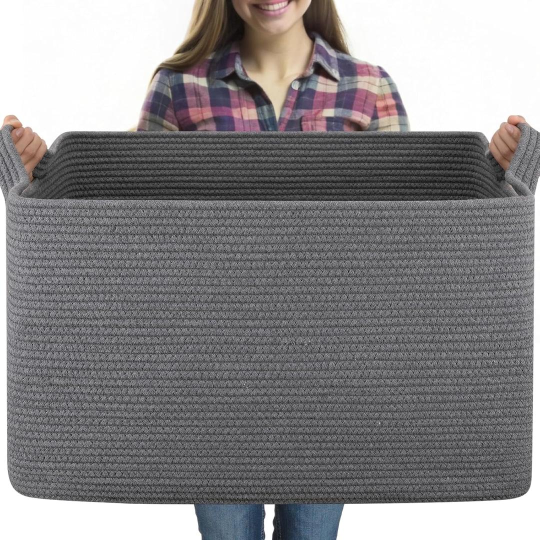95L Extra Large Blanket Basket, 24" x 16.9" x 14.2" Woven Storage Basket for Living Room, Nursery Blanket Storage for Toys, Towels, Dirty Clothes (Grey)