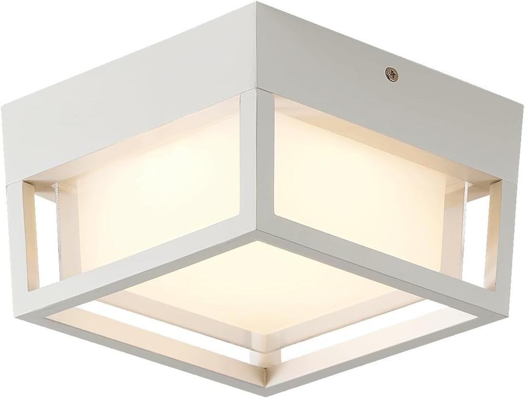 Small Outdoor Flush Mount LED Ceiling Light Exterior Porch Light Ceiling Mounted for Patio Balcony Terrace, 3000K Warm, 125w Equivalent, White, 6.3x6.3x4.3