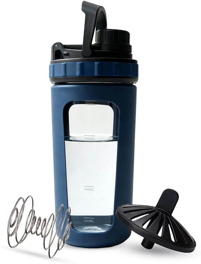 26oz Glass Protein Shaker Bottle, Stainless Steel Mixing Ball & Silicone Sleeve, Odorless, Leak-Proof, BPA-Free, Ideal for Smoothies & Workout Drinks (Steel Blue)