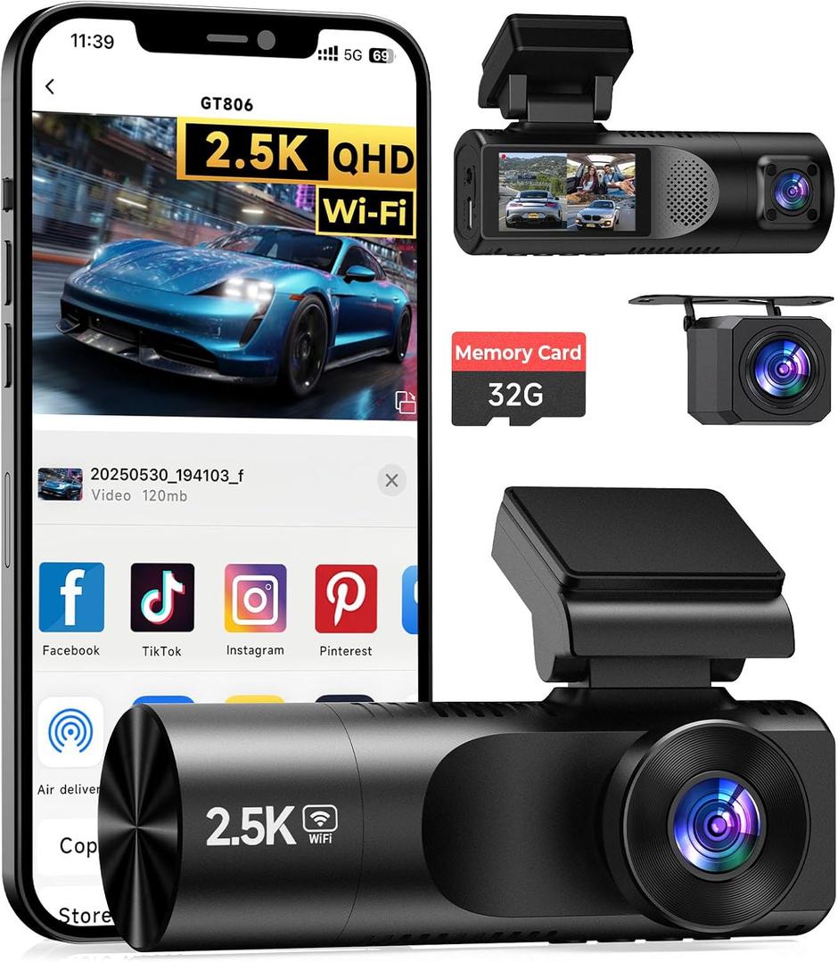 Dash Cam Front and Rear, 2.5K+1080P+1080P 3 Channel Dash Cam with 32GB Card, Wi-Fi Dash Camera for Cars, G-Sensor, Night Vision, 24H Parking, Loop Recording, 1.97IPS, Support 256GB (Black)