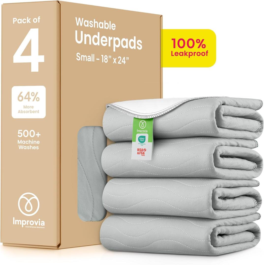IMPROVIA Washable Underpads, Heavy Absorbency Reusable Incontinence Pads for Kids, Adults, Elderly, and Pets - Waterproof Protection Floor Grey & White (4 Pack - 18x24) (Gray)
