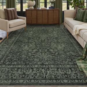 Lahome Floral Washable 8x10 Rugs for Living Room, Green Boho Bedroom Office Rug, Vintage Non Slip Non Shedding Stain Resistant Floor Carpet for Dining Room Home Decor