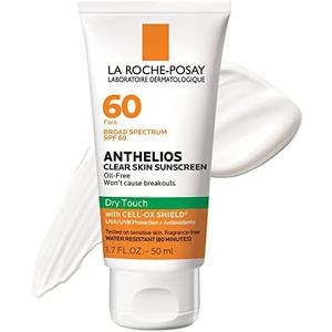 La Roche-Posay Anthelios Clear Skin Sunscreen Dry Touch SPF 60, Oil Free Sunscreen For Face, Oil Absorbing, Broad Spectrum SPF + Antioxidants, Non-Greasy, Oxybenzone Free, Travel Size
