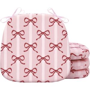 4 Pack Pink Bow Chair Cushions for Dining Chairs 17" x 16" x 2" D-Shaped Breathable Linen Kitchen Chair Pads with Ties Washable Non Slip Seat Cushion for Dining Kitchen Office Indoor