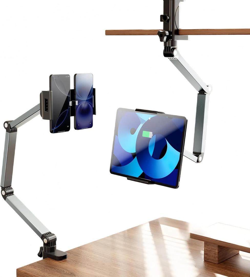 Aluminum Foldable Arm Tablet Stand, 360 Rotatable Phone Holder iPad Stand, Adjustable Tablet Mount for 4.7"-13" iPad, iPhone, Galaxy Tab, Compatible with Desk Bedside Kitchen, Gray