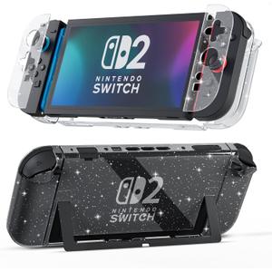 [Improved Version] GLDRAM Case for Nintendo Switch 2 (2025), Dockable Hard Shell PC Protective Cover with Split Design, Anti-Scratch Switch 2 Skin Accessories Protector - Clear Glitter