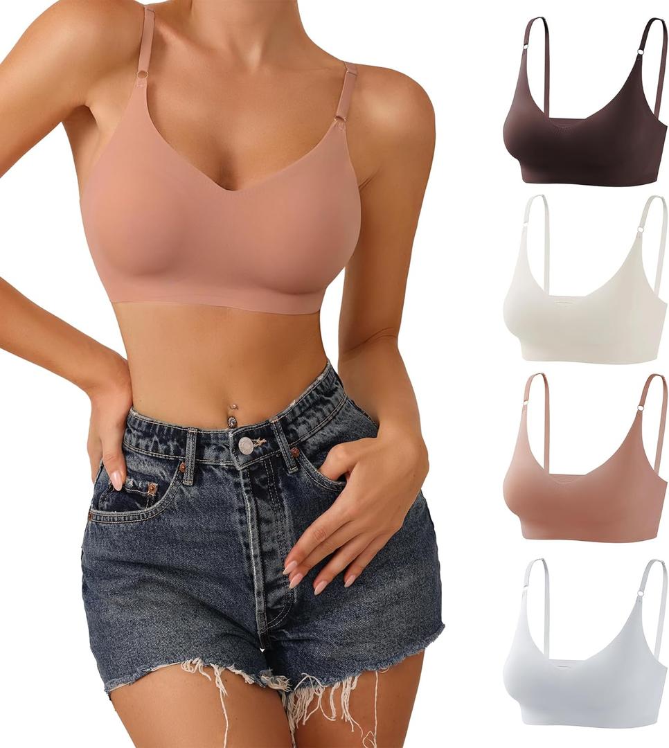 DEANGELMON V Neck Bra Padded Seamless Adjustable Straps Bralettes Everyday Basic Sleeping Bras Multiple Pack (X-Large, Brown,gray,apricot,pink)