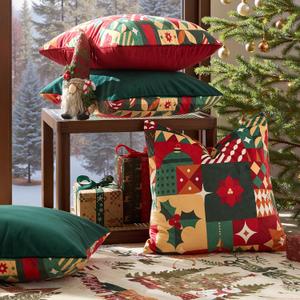 jinchan Velvet Christmas Pillow Cover 20x20 Christmas Holiday Decor Throw Pillowcovers for Couch, Splicing Plaid Pillowcase for Sofa Bedding Cushion Covers Winter Home Navidad Decoration