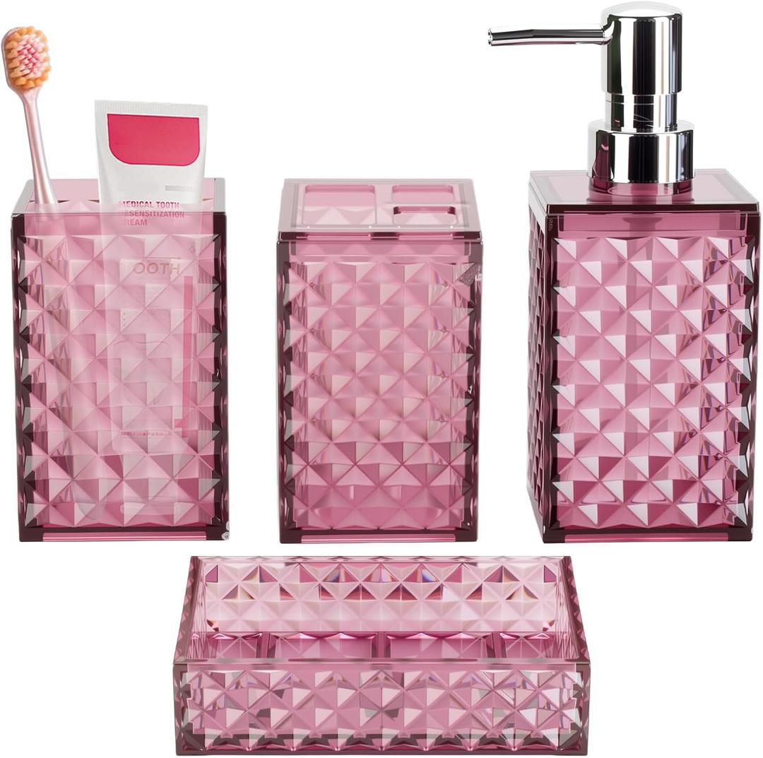 Bathroom Accessory Set, Grid Pattern 4 Pcs Plastic Bathroom Set Include Soap Dispenser, Soap Dish, Toothbrush Holder, Mousewash Cup, Modern Bahtroom Dcor Set(Burgundy)