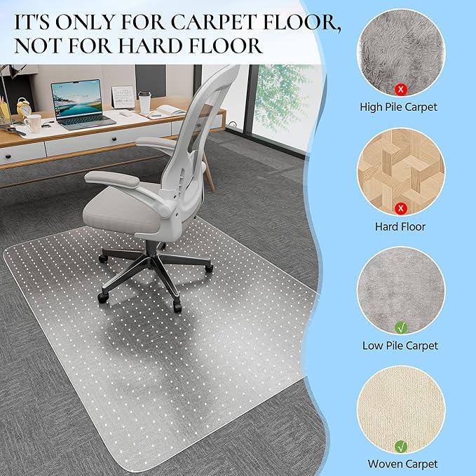 Office Chair Mat for Low Pile Carpet, 48 x 36 Transparent Office Desk Chair Mat for Carpeted Floors, Studded Carpet Floors Protector Mat for Home & Offices