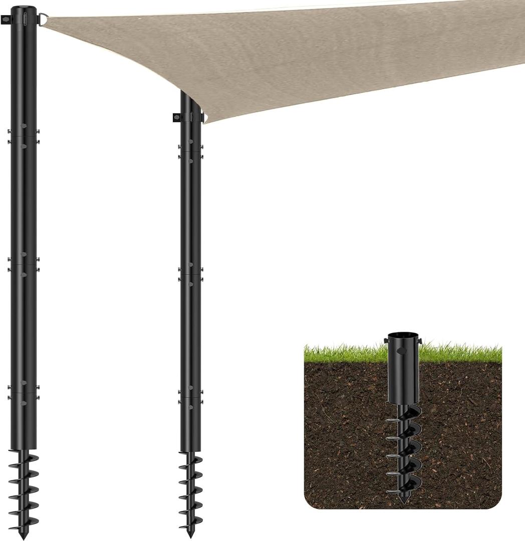 Shade Sail Poles,Heavy Duty Sun Shade Poles with Spiral Drill Bit,Steel Shade Sail Post with D-Clamp for Outdoor String Light, Patio, Backyard