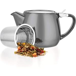 Tealyra - Pluto Porcelain Small Teapot Grey - 18.2-ounce (1-2 cups) - Unique Finish - Stainless Steel Lid and Extra-Fine Infuser To Brew Loose Leaf Tea - 540ml (Gray)