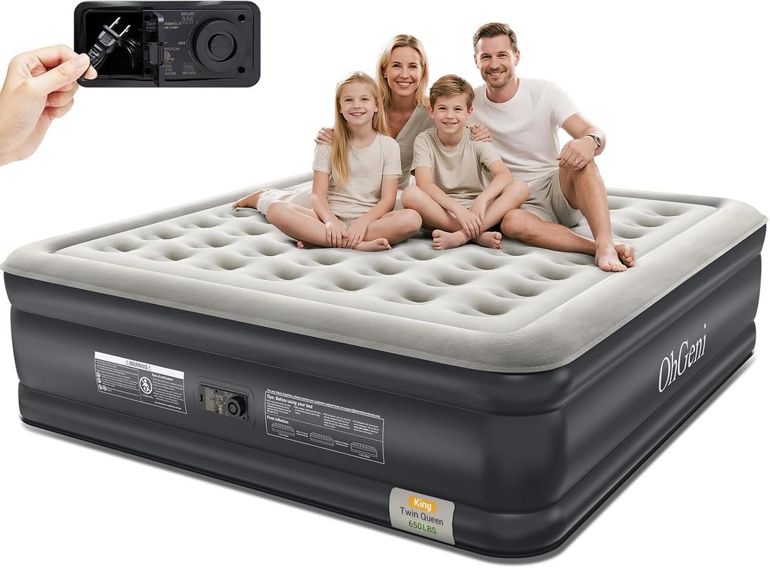 OhGeni King Air Mattress Family Choice Award with Built-in Pump,18'' Comfortable Blow Up Colchones Inflables Mattress for Home,Guests, Portable Air Bed for Adults, Airbed Supports Up to 650 lbs,Black