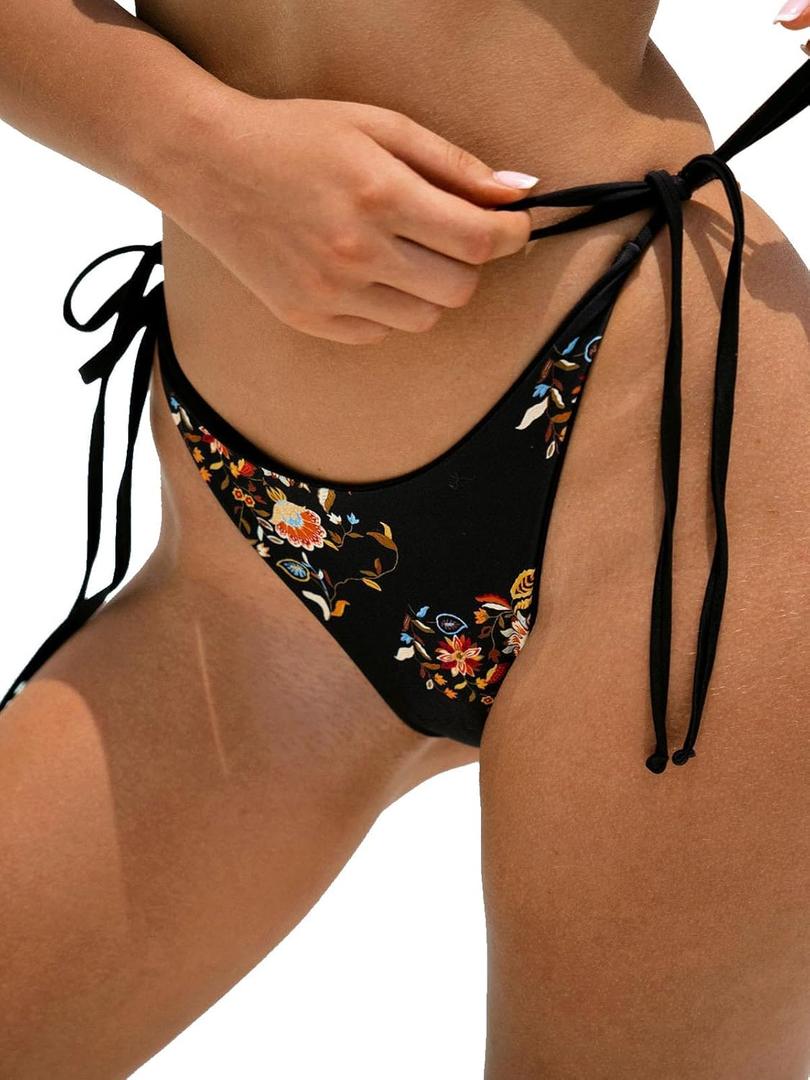 Women's Ribbed Tie Reversible Bikini Bottom Adjustable Hipster Full & High Cut Swimsuit, Size L