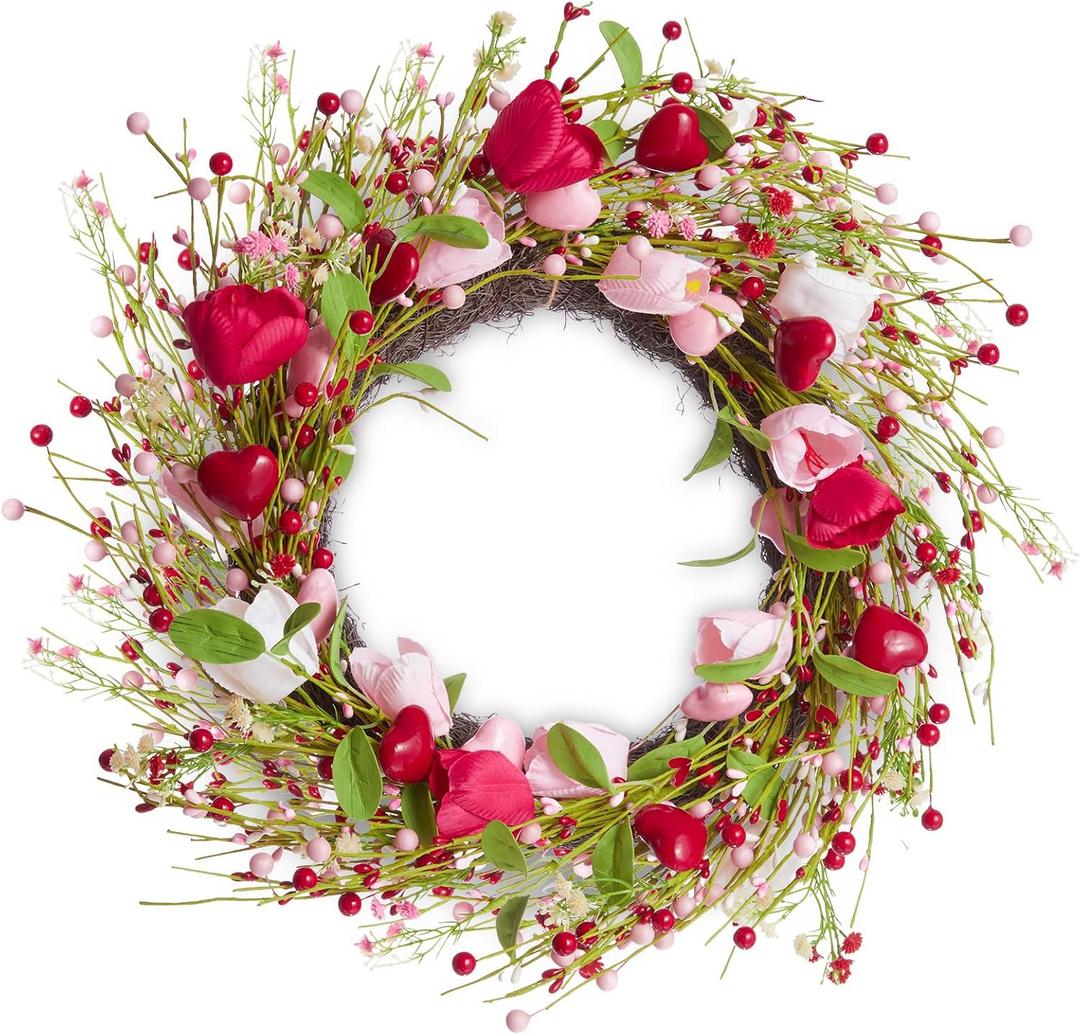 WDS WONDROUS 18.8 Inch Valentine's Day Wreath, Red Pink White Tulip Heart Wreath for Front Door Decor, Spring Wedding Anniversary Party Decoration
