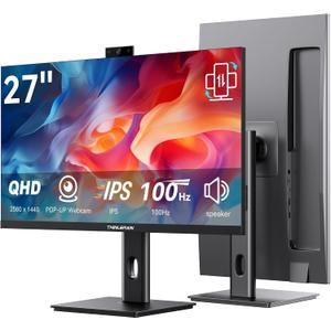 Thinlerain 27 Inch Monitor with Pop-Up Webcam - 2K 2560 x 1440 IPS Computer Monitor, 100Hz Vertical Gaming PC Screen, Built-in 3MP Webcam & Microphone, HDMI, DisplayPort, Display for Office Home Work