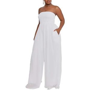 Ophestin Women Casual Solid Chiffon Off Shoulder Smocked Wide Leg Pants One Piece Jumpsuits Rompers (White, XL)