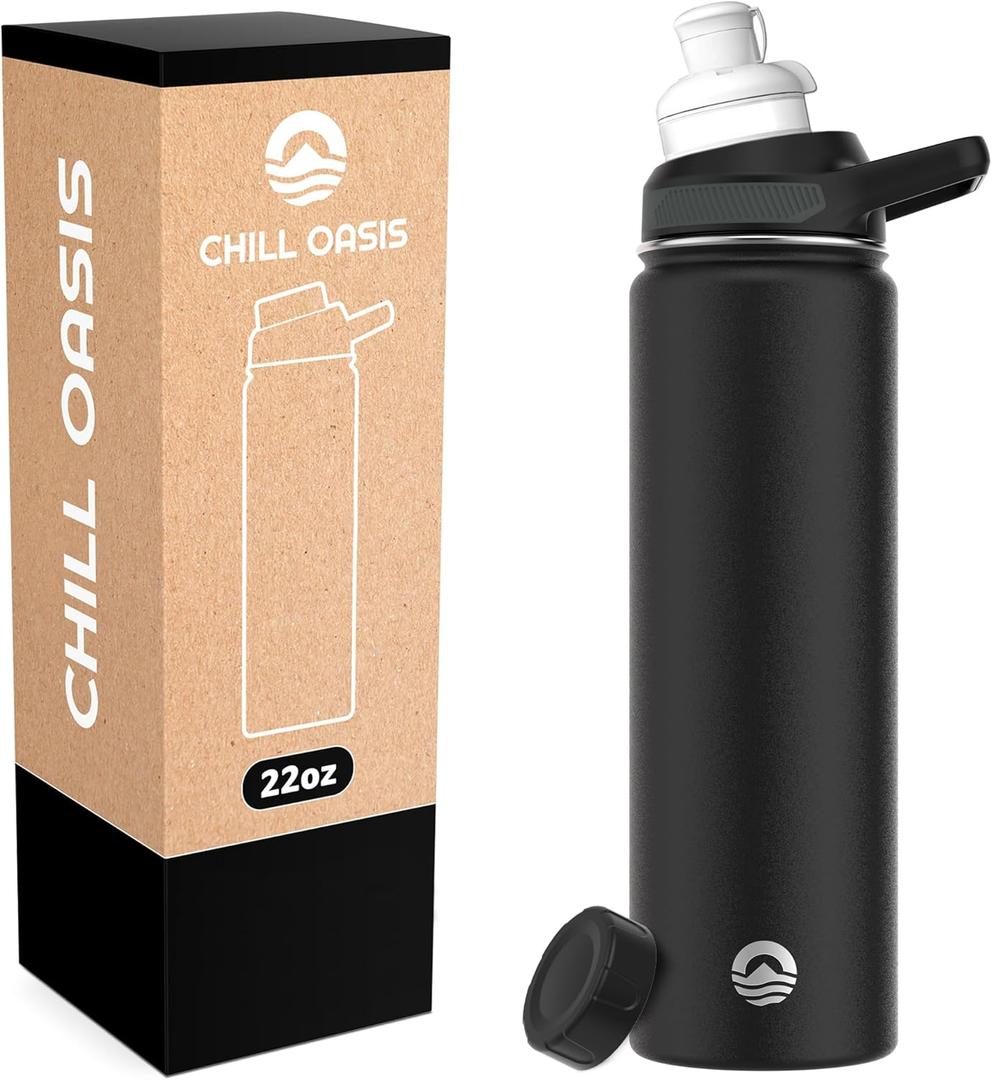 Chill Oasis Water Bottle | Compatible With Popular Flavor Cartridges | BPA Free, Leak Proof, Double-Walled Vacuum Insulated Stainless Steel, and Dishwasher Safe | Cold for 24 Hours (Black, 22oz)