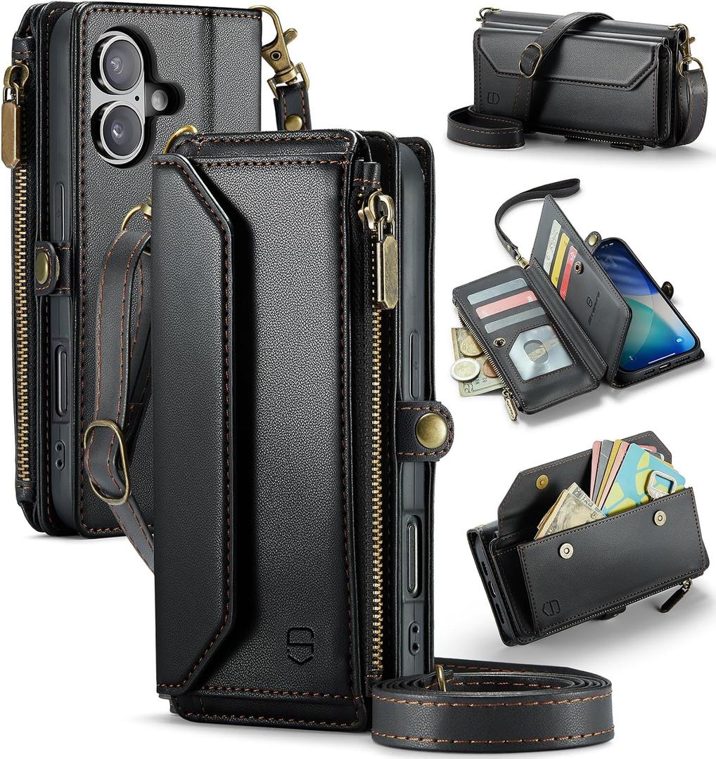 Strapurs Wallet Case Compatible with iPhone 17 6.3" RFID Blocking 9-Card Holder Soft PU Leather Magnetic Snap Shoulder Strap Zipper Pocket Phone Case Fit for iPhone 17 for Women - Black