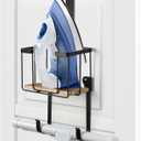 TJ.MOREE Wall Mount/Over The Door Ironing Board Holder with Large Storage Basket, Laundry Room Iron and Ironing Board Holder Storage Holder Black Middle
