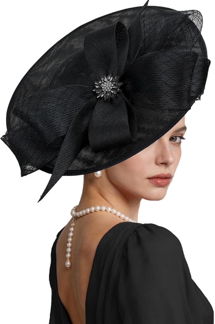 Kgromfy Women's Wide Brim Fascinator Hat Tea Party Headband Large Vintage Church Hat Lady Headwear for Derby Wedding Cocktail