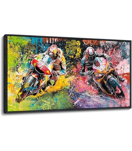 JEAWA Framed Canvas Wall Art - Large Abstract Painting Decor, Motorcycle Racing Color Graffiti Pictures, Modern Art Prints for Bedroom Living Room Bathroom Home Decoration, 20x40