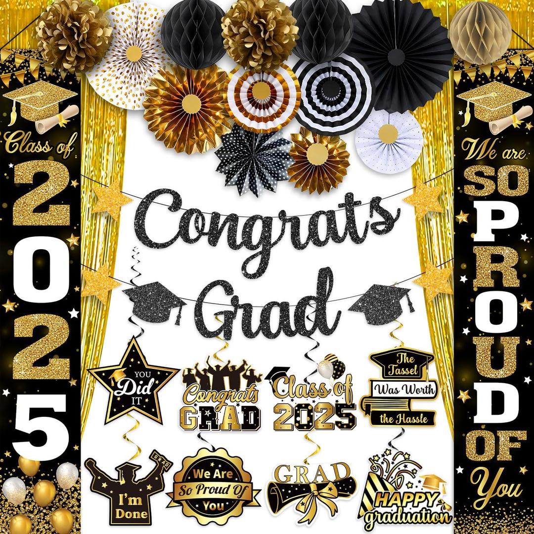 Black Gold Graduation Decorations 2025, Class of 2025 Decorations, Black and Gold Graduation Decorations 2025 Include Proch Banner, Balloons, Hanging Swirls and Paper Pompoms