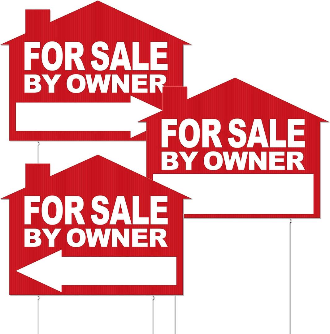 3 Pieces For Sale by Owner Yard Sign with Stakes 12 x 16 Inch Double Sided Home For Sale Signs Corrugated Plastic Open House Signs with Directional Arrows for Home House Real Estate (Red)