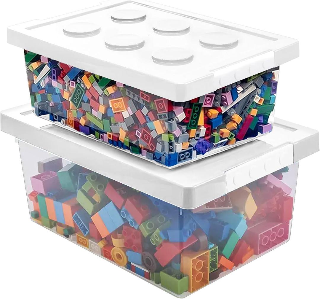 Plastic Storage Bins with Lids - Stackable Toy Storage Organizer Box Set of 2, Toy Chests with Compatible Building Baseplate and Lid, Storage Container for Building Bricks & Toys- White