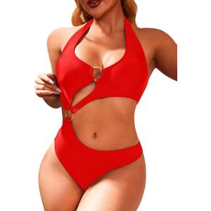 Women One Piece Swimsuit Slimming Cutout Fashoin Swimwear Metal Ring Bathing Suit Female Beachwear (X-Large, Red)