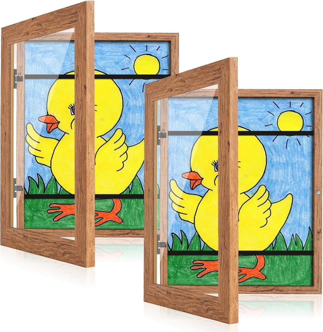 [2-Pack] Kids Art Frames, 8.5x11 Front Opening Kids Artwork Frames Changeable, Dark Woodgrain Artwork Display Storage Frame for Wall, Holds 50 Pcs, for 3D Picture, Crafts, Children Drawing, Hanging