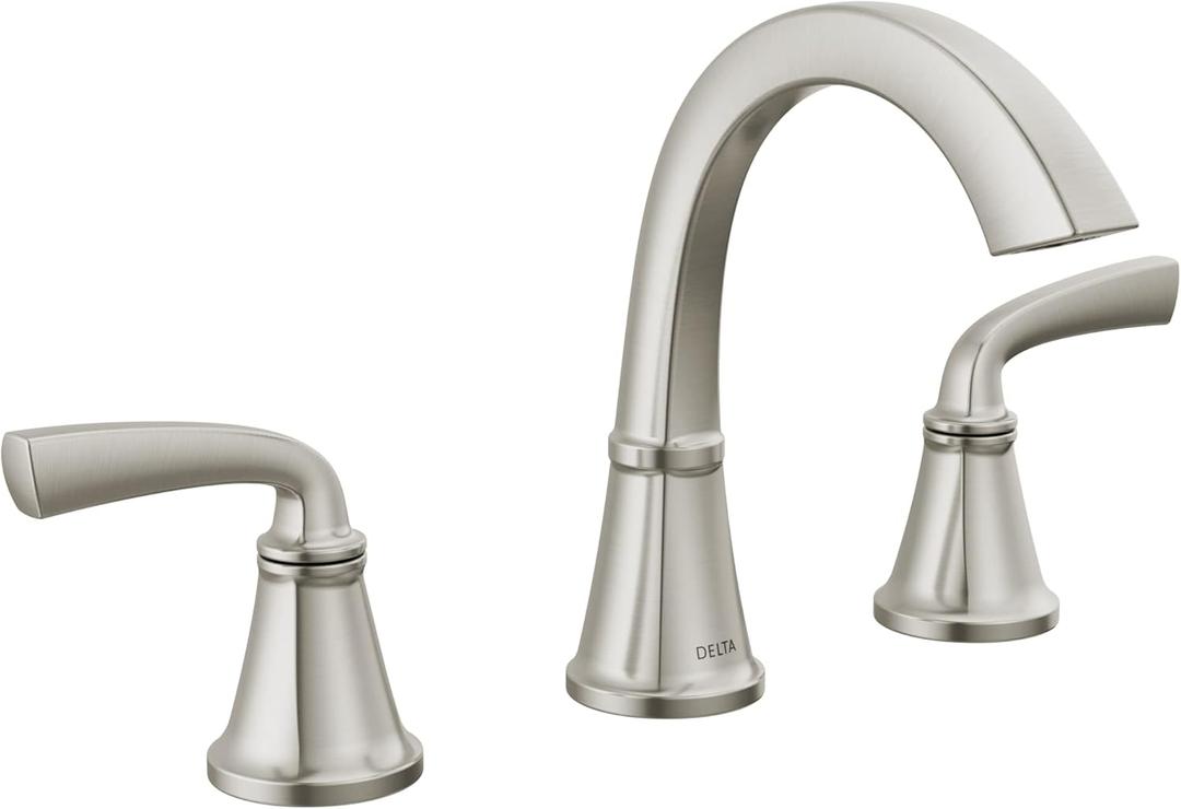 Delta Geist Brushed Nickel Bathroom Faucet 3 Hole, 8 Inch Widespread Bathroom Sink Faucet for Vanity, Push-Pop Drain Assembly, SpotShield Brushed Nickel 35864LF-SP