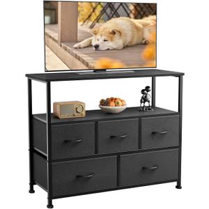 DUMOS TV Stand Dresser for Bedroom with 5 Fabric Drawer,Entertainment Center for 45 inch Television, Media Console Table with Storage, Open Shelf, Adjustable Feet, Living Room Furniture, Black