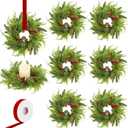 Aneco 8 Pieces Christmas Candle Rings Wreath with Ribbon 8.7 Inch Wreath Holder Pillar Candlestick Norfolk Pine Garland Artificial Red Berries Branch Pinecones Wreaths for Xmas Table Centerpiece
