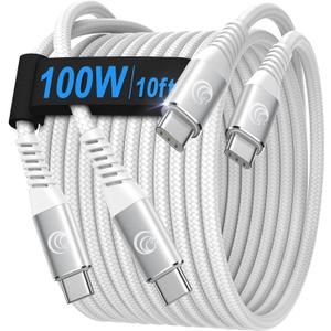 USBC to USBC 100W [10ft/2 Pack] USB C to USB C Fast Charging Cable Braided C to C Charger Cord 5A for MacBook Pro/Air, iPhone 15 Pro Max Plus,iPad Pro,Samsung Galaxy S24 Ultra S23,Pixel,PS5,Switch (White)