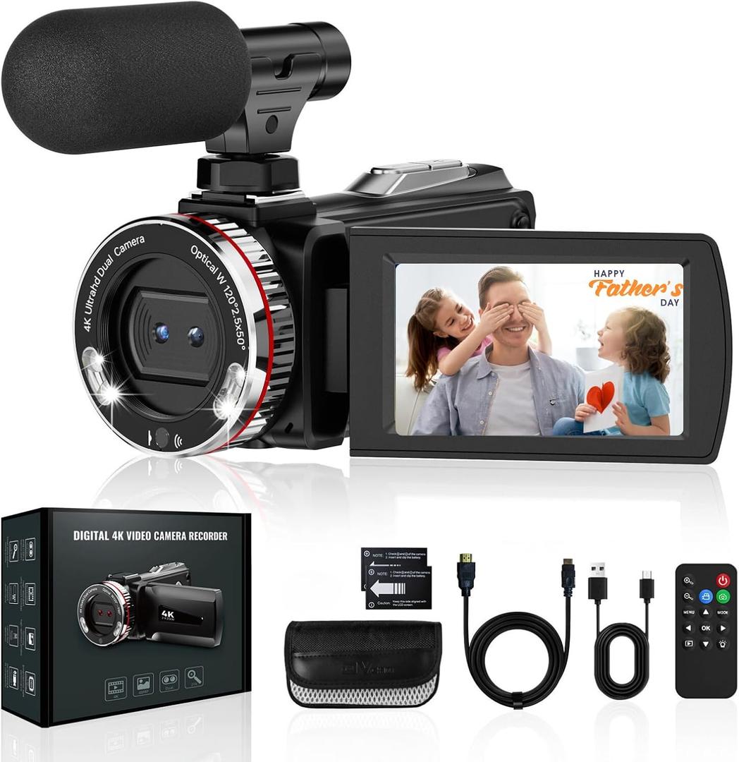 4K 60FPS Video Camera Camcorder with HDMI Cable, 48MP Vlogging Camera for YouTube, 21X Zoom Dual Lens Camera Recorder, Rotatable Screen Video Recorder with Mic, 2 Batteries