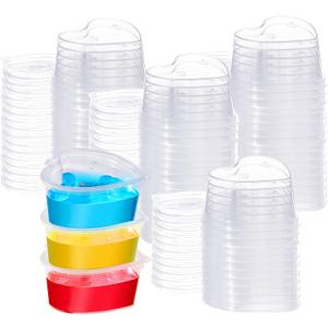 Iskybob 50 Pcs 2oz Heart Shaped Jello Shot Cups with Lids, Disposable Plastic Heart Shape Storage Containers for Sauce Condiment, Leakproof Small Portion Cup for DIY Slime Liquid Foam Ball Soft Clay
