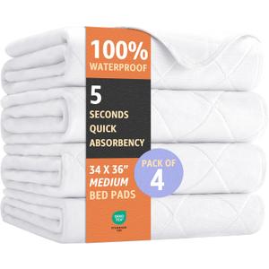 Ultimate Washable Underpads - Heavy Absorbency, Waterproof Reusable Incontinence Pads for Adults, Kids, Elderly & Pets - Bedwetting Pads for Bed, Couch, Sofa, Floor (White, 34 x 36 Inches, Pack of 4)
