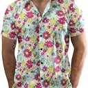 JOGAL Men's Flower Casual Short Sleeve Aloha Hawaiian Shirt White Pink Daisy Large