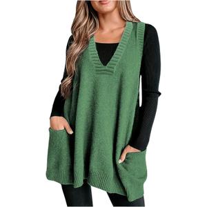 SOLY HUX Women's Plus Size Sweater Vest V Neck Sleeveless Loose Fit Knit Pullover Tank Tops with Pockets (3X-Large Plus, Plain Green)
