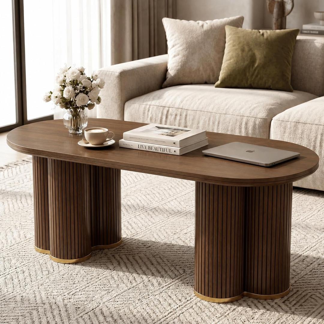 Oval Fluted Coffee Tables for Living Room, 47" Wood Coffee Table,Walnut, 19.7"D x 47.2"W x 19.7"H
