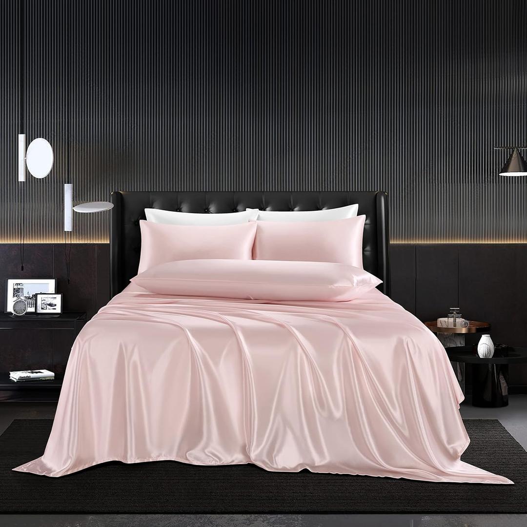 5Pcs Blush Pink Silk Sheets Full,Blush Pink Satin Sheets Set Full Size Silky Comforter Bedding Sheets with 1 Satin Flat Sheet,1Deep Pocket Fitted Sheet,3 Pillowcases with Envelope Closure