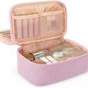 Relavel Cute Makeup Bag for Girls, Portable Pink Cosmetic Bag, Dual-layer Makeup Pouch with Brush Holder, Multi-Functional Preppy Toiletry Organizer for Travel, Daily Use - Pink Strip (MEDIUM)