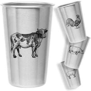 Magic Pine Kid-proof Cups (Farm Animal designs) - Set of 4 Stainless Steel Cups (16oz)