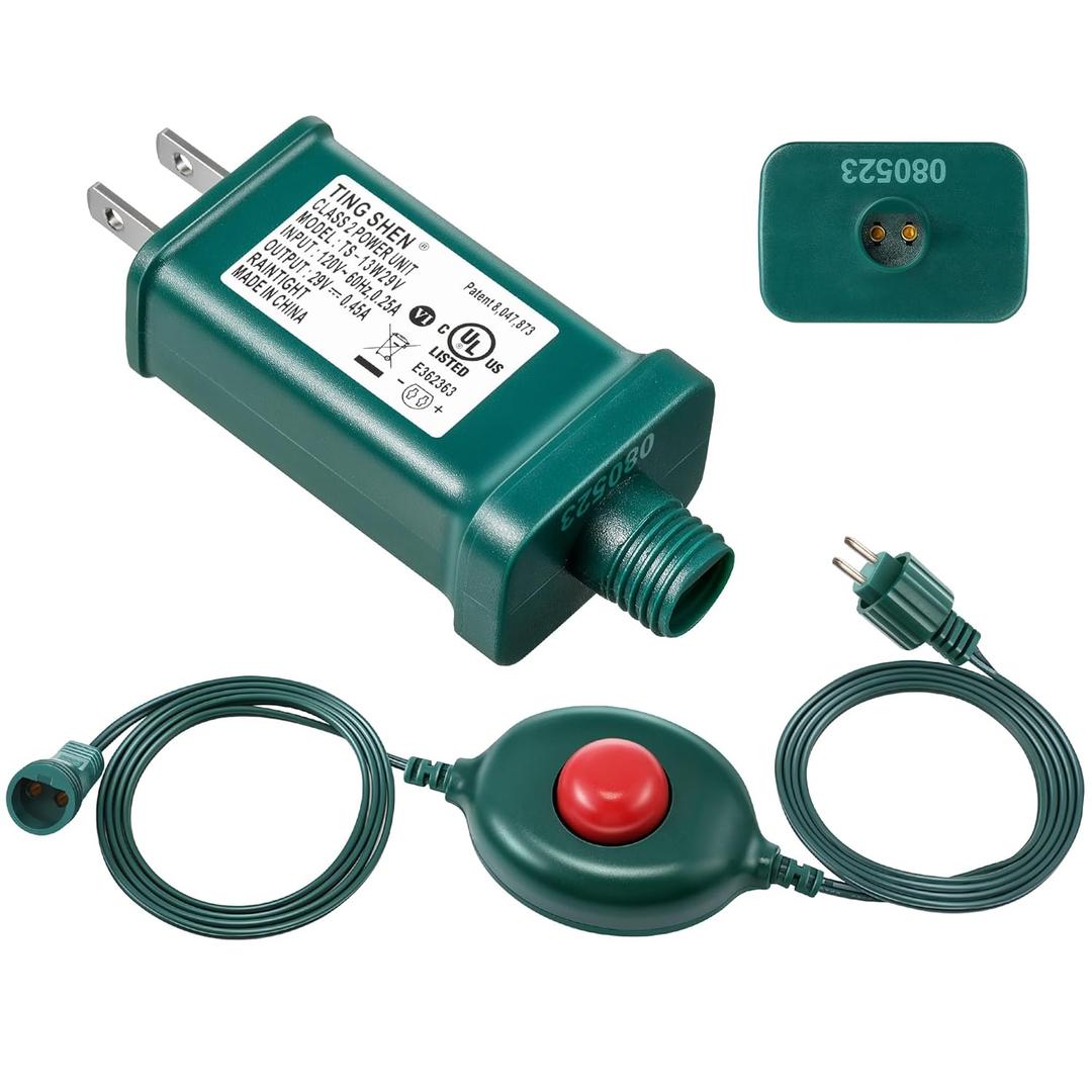 Meonum LED Power Supply with 1/2 inch Plug Foot Switch, UL Listed Transformer Replacement Class 2 Power Supply, 9 Light Modes Low Voltage Transformer US Adapter for Christmas Tree Light (TS-13W29V)