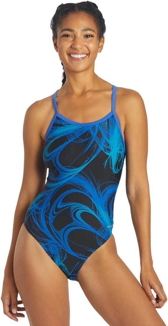 Sporti Thin Strap Athletic One Piece Swimsuit for Women - Multi Limited Printed Pattern - Bathing Swimsuit for Competiton (34, Black/Blue)
