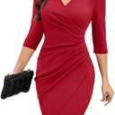 IHOT Women's 2025 Sexy V Neck 3/4 Sleeve Faux Wrap Ruched Sheath Bodycon Party Cocktail Work Dress (Red)