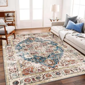 Washable Area Rug 9'x12' Beige Blue Boho Chic Medallion Distressed Design Non-Shedding Easy Care Ideal for High Traffic Areas in Living Room Bedroom Office Coffee Table Large Carpet