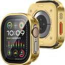 Amizee Metal Case Compatible with Apple Watch Ultra 3/2/1 49mm Case with Built-in Screen Protector, Straight Edge Ultra Thin with Back Cover Protective Cover for iWatch 49mm, Gold