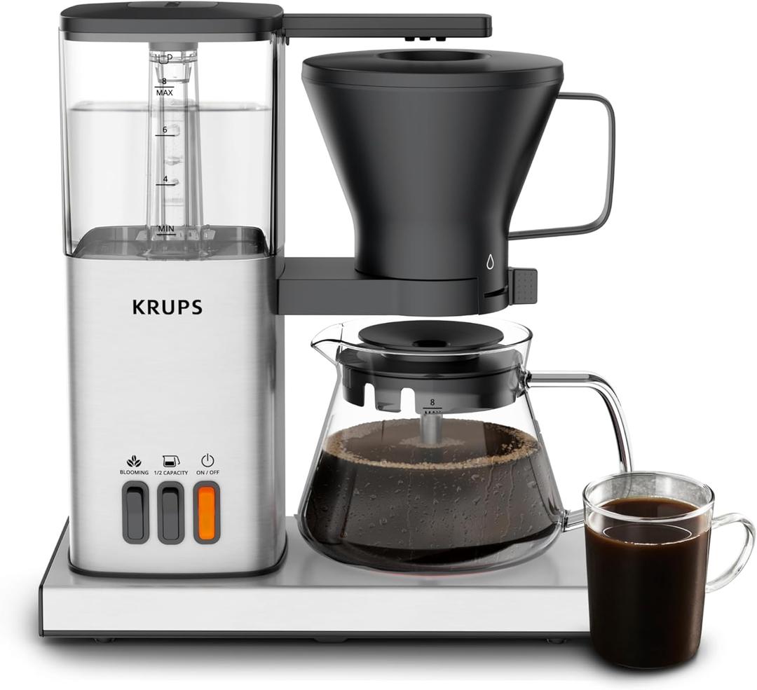 KRUPS Essential Brewer 8 Cup Drip Coffee Maker Machine, SCA-Certified, Blooming Technology, Barista-Quality, Pour Over Coffee Machine, Easy to Clean, Stainless Steel Design, Silver